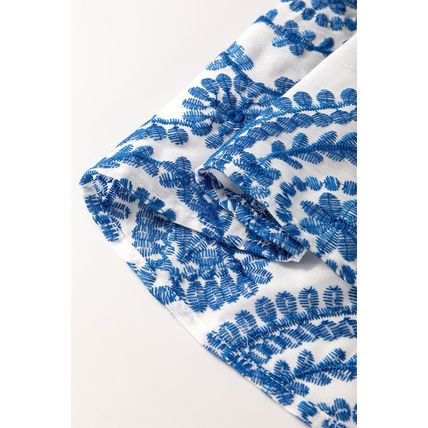 Blue Boho Print Flutter Sleeve Crew Neck Blouse