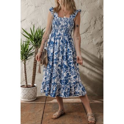 Blue Floral Ruffle Strap Square Neck Smocked Bodice Midi Dress