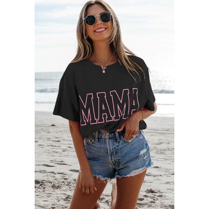 Black MAMA Letter Graphic Neon T Shirt