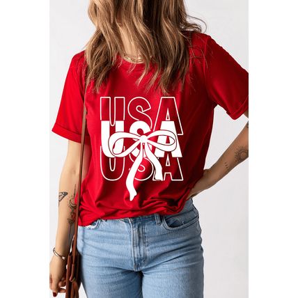 Red USA Bow Printed Casual Cotton Blend T Shirt