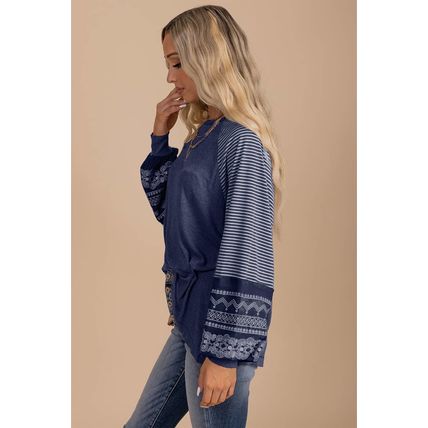 Navy Blue Contrast Print Striped Raglan Long Sleeve Loose Top