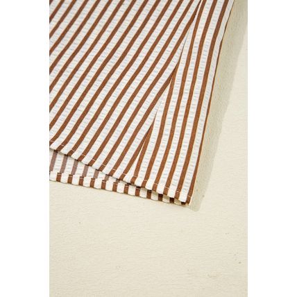 Straw Yellow Striped Print Tied Cuffs Split Neck Seersucker Blouse