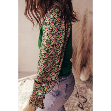Blackish Green Floral Patchwork Shirred Cuff Puff Sleeve Sweater