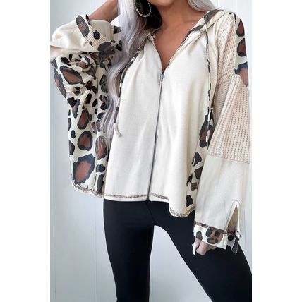 Apricot Oversized Leopard Contrast Mixed Texture Patchwork Zip Up Drop Shoulder