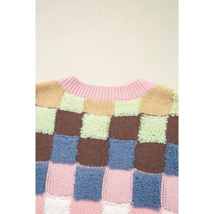 Multicolour Plush Checkered Pattern Button Front Cardigan Sweater