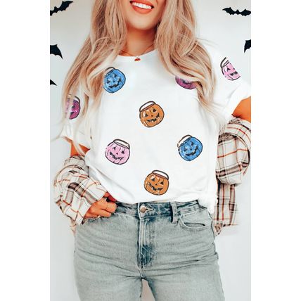 White Sequin Pumpkin Face Patched Crew Neck Holiday T Shirt