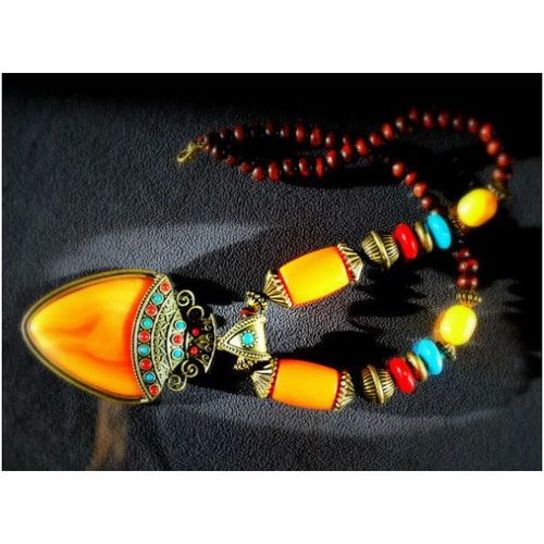 Antiqued Bronze Large Indian Pendant Wood Bead Necklace Jewellery 721