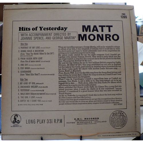 Matt Monro - Hits of Yesterday, Mono, 1965 Parlophone EMI, PMC 1265