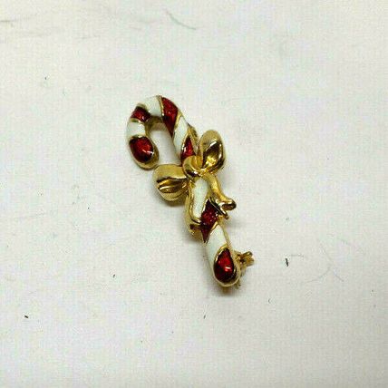 Vtg Christmas Holiday Candy Cane Bow Tie Gold Tone Brooch Costume Pin Enamel (B1