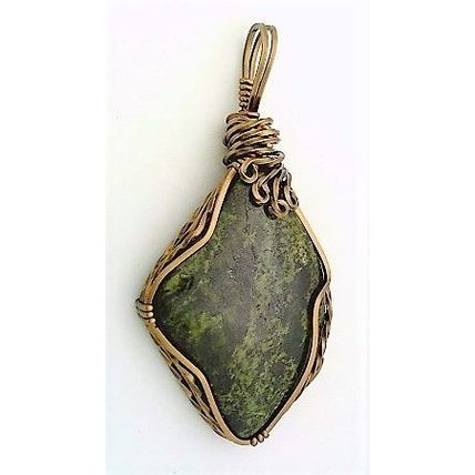 Green Black Serpentine Bronze Copper Wire Wrap Gemstone Pendant 20