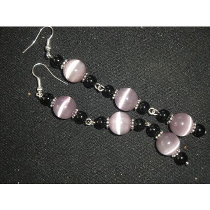 Exquisite smoky purple cats eye & black glass long swing earrings