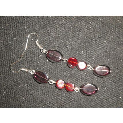 Special translucent purple over red silver edged long swing fun earrings