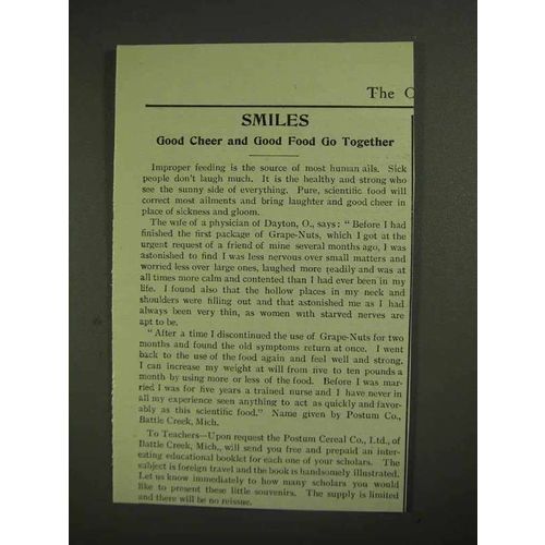 1903 Postum Grape-Nuts Ad - Smiles Good Cheer