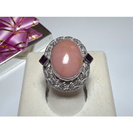 Estate 18X13mm Oval Rhodochrosite &Garnet Sterling Silver Basket Weave Ring16012