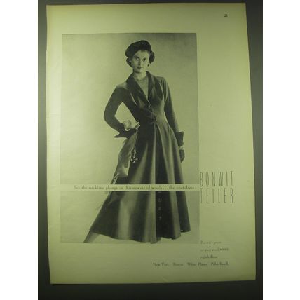 1948 Bonwit Teller Coat Dress Ad - See the neckline plunge in this newest