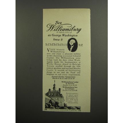1953 Williamsburg Virginia Ad - See Williamsburg Virginia as George Washington