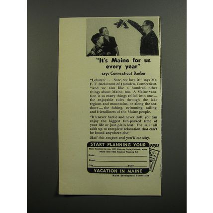 1953 Maine Tourism Ad - It's Maine for us every year says Connecticut Banker