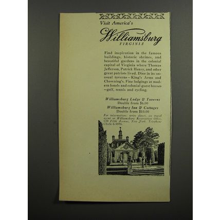 1953 Williamsburg Virginia Ad - Visit America's Williamsburg Virginia