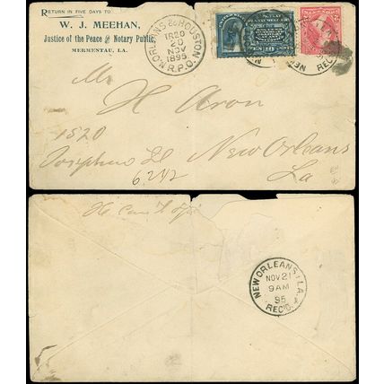 1895 N. ORLEANS & HOUSTON RPO CDS, SPECIAL DELIVERY #E4, JUSTICE OP / NOTARY C/C