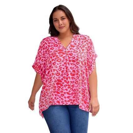 Rose Leopard Print V Neck Half Sleeve Plus Size Blouse