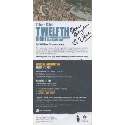 Vera Chok Malaysian Hollyoaks Actress Twelfth Night Hand Signed Flyer
