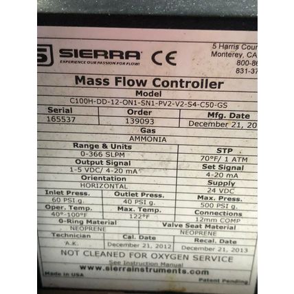 SIERRA C100H-DD-12-ON1-SN1-PV2-V2-S4-C50-GS MASS FLOW CONTROLLER,SMARTTRAK100,TD