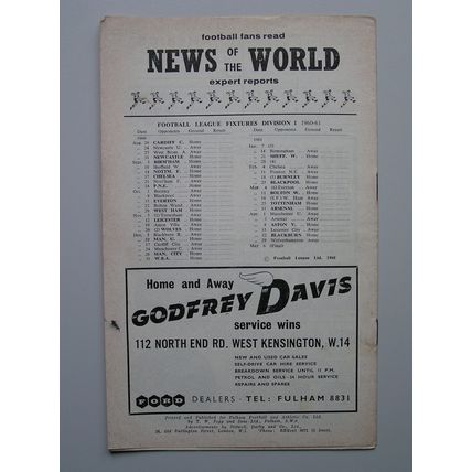 FULHAM v NEWCASTLE UNITED Div1 31/08/1960