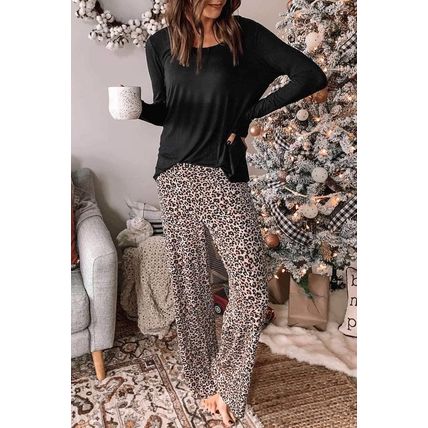 Long Sleeve Top and Leopard Print Pants Lounge Set