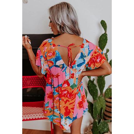 Pink Abstract Print V Neck Flutter Sleeve Blouse