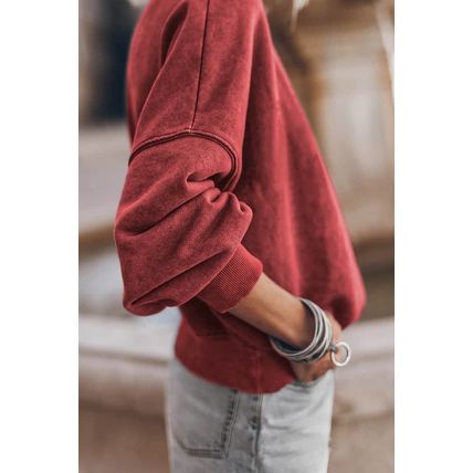Red Dahlia Drop Shoulder Crew Neck Pullover Sweatshirt