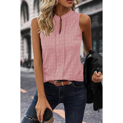 Pink Lattice Textured Split Neck Tank Top