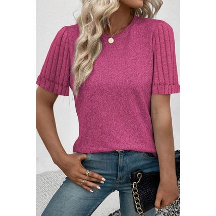 Bright Pink Ribbed Splicing Sleeve Round Neck T-shirt