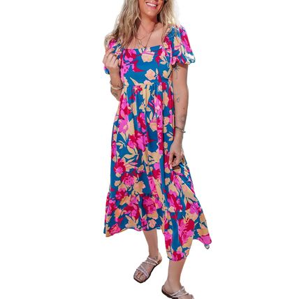Dark Blue Square Neck Bubble Sleeve Ruffled Floral Dress