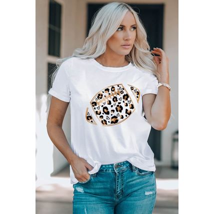 White Leopard Heart Shape Rugby Print Short Sleeve T Shirt
