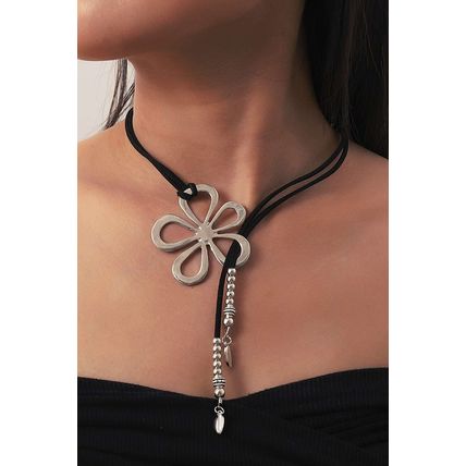 Silvery Hollow Out Floral Leather Rope Y-shaped Necklace