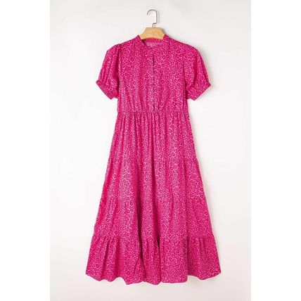 Rose Red Flower Mock Neck Puff Sleeve Tiered Maxi Dress