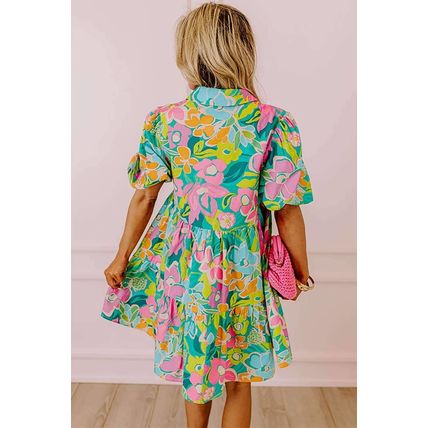 Green Floral Puff Sleeve Collar Buttoned Babydoll Dress