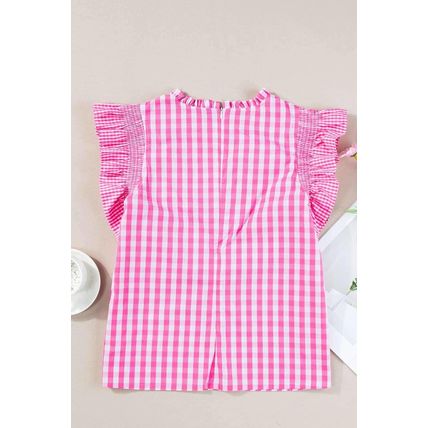 Rose Red Checkered Ruffled Sleeve Frilled Neck Blouse
