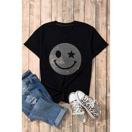 Black Sparkle Rhinestone Smile Face Graphic T Shirt