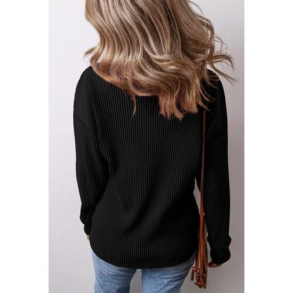 Black Solid Color Corded Drop Shoulder Long Sleeve Top