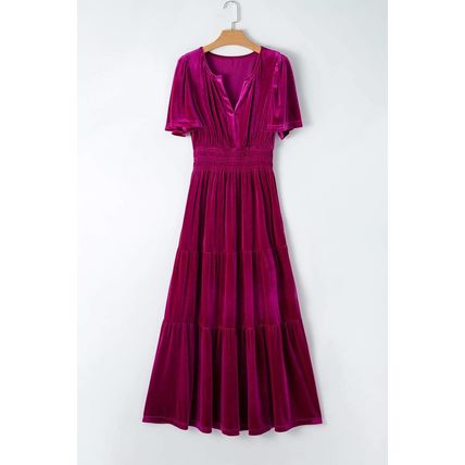 Red Dahlia Velvet Short Sleeve Shirred Waist Tiered Maxi Dress