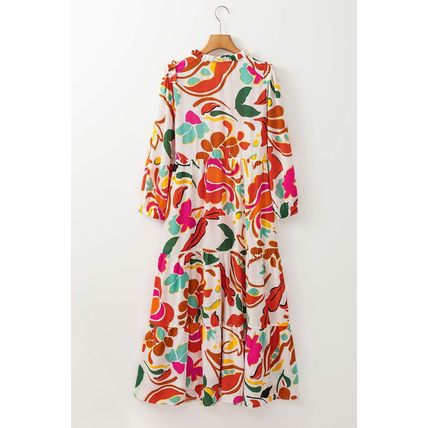 Orange Floral Print Split V Neck Tiered Maxi Dress
