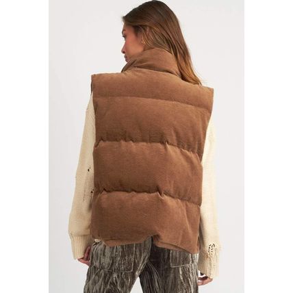 Coffee Corduroy Stand Neck Zipped Puffer Vest