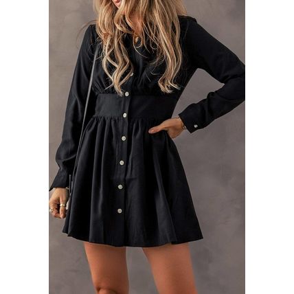 Black Elastic Cinched High Waist Long Sleeve Shirt Mini Dress
