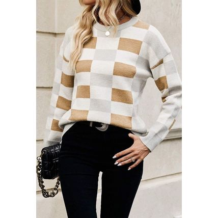 Khaki Checkered Ribbed Edge O Neck Drop Shoulder Sweater