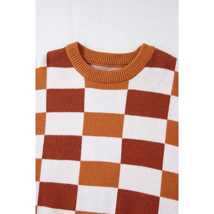 Orange Checkered Ribbed Edge O Neck Drop Shoulder Sweater