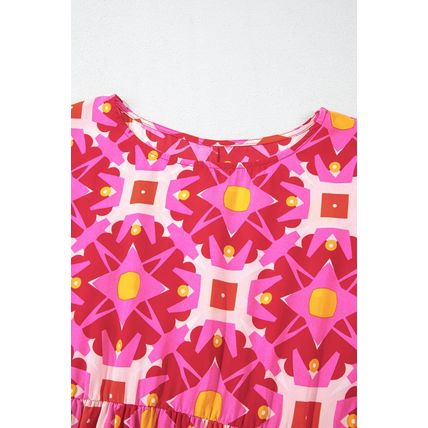 Strawberry Pink Geometric Print Smocked Long Sleeve Mini Dress