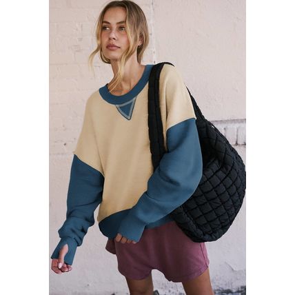Parchment Color Block Thumbhole Sleeve Drop Shoulder Sweatshirt