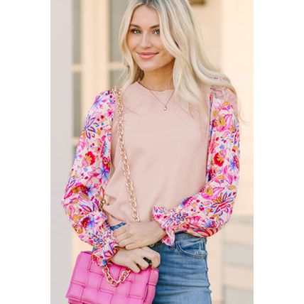 Oatmeal Floral Printed Patchwork Smocked Lantern Sleeve Knit Top