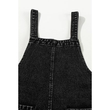Black Distressed Bib Pocket Wide Leg Denim Overall